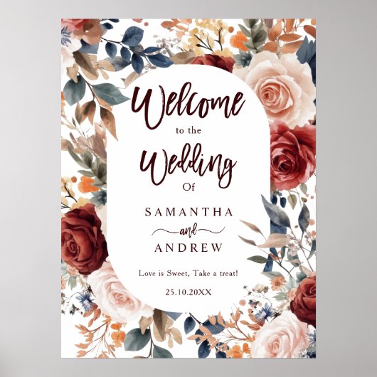 Rustieke Bourgondische Herfst Floral Boho Wedding Poster (Voorkant)