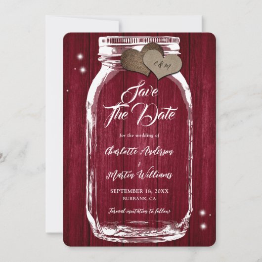 Rustieke Bourgondische Mason Jar Wood bruiloft Save The Date (Voorkant)