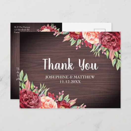 Rustieke Bourgondische perzik bloemenbruiloft dank Briefkaart (Voorkant / Achterkant)