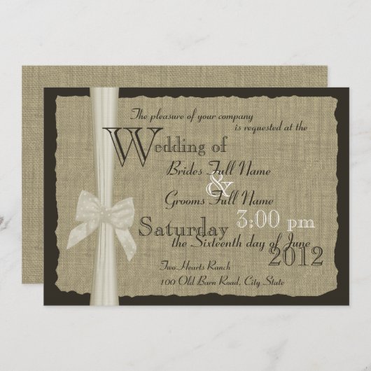Rustieke Bow en Burlap bruiloft Kaart (Voorkant / Achterkant)