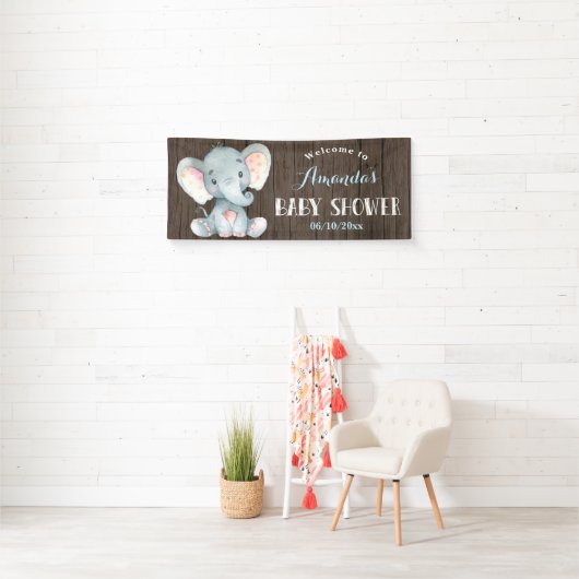 Rustieke Boy Elephant Baby shower Blauw en Grijs Spandoek (Insitu)
