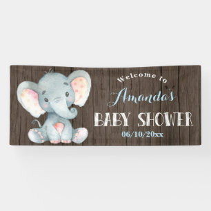 Rustieke Boy Elephant Baby shower Blauw en Grijs Spandoek