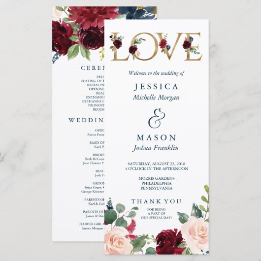 Rustieke Breezy Bourgondië Fall Wedding Programma (Voorkant / Achterkant)