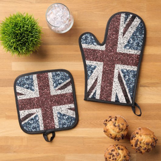 Rustieke Britse vlag rood blauw sprankelt glitters Ovenwant & Pannenlap Set (Top down)