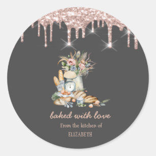 Rustieke broden bloemen roze gouden druppels bakke ronde sticker