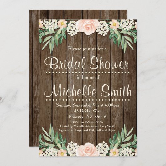 Rustieke Bruids Douche Uitnodiging, Kant, Bloemen Kaart (Voorkant / Achterkant)