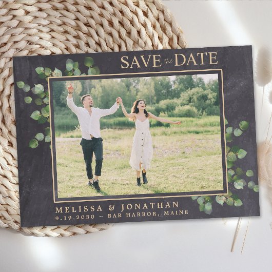 Rustieke bruiloft aangepaste eucalyptus groen foto save the date