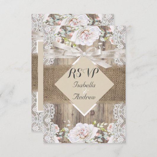 Rustieke Bruiloft Beige Wit Rozen Hout RSVP (Voorkant / Achterkant)