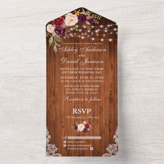Rustieke bruiloft Bourgondische bloemenhouten lamp All In One Uitnodiging (Binnen)