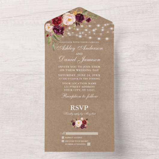 Rustieke bruiloft Bourgondische bloemensnijllichte All In One Uitnodiging (Binnen)
