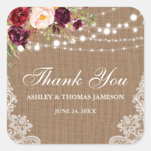 Rustieke bruiloft Burlap Lace Floral Dank u B Vierkante Sticker
