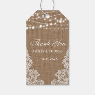 Rustieke bruiloft burlap string lampjes kant dank  cadeaulabel