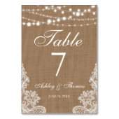 Rustieke bruiloft burlap string lampjes kanten taf kaart (Achterkant)