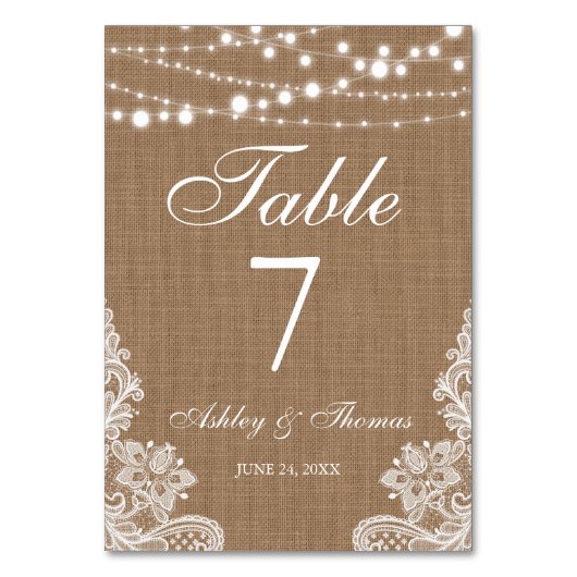 Rustieke bruiloft burlap string lampjes kanten taf kaart (Achterkant)