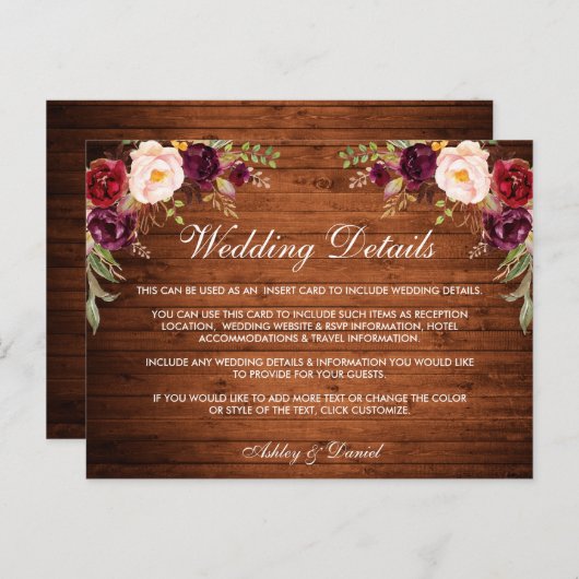 Rustieke bruiloft Details Hout Bourgogne Bloemen K Briefkaart (Voorkant / Achterkant)