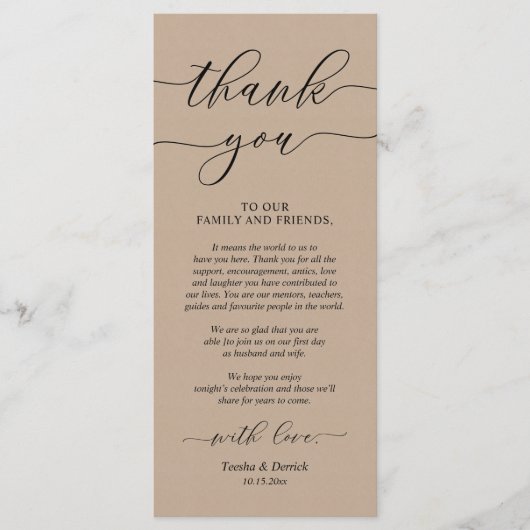 Rustieke bruiloft diner plaats instelling dank u k programma (Voorkant)