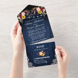 Rustieke bruiloft Gemengde Bloemen Blauw Hout Lace All In One Uitnodiging