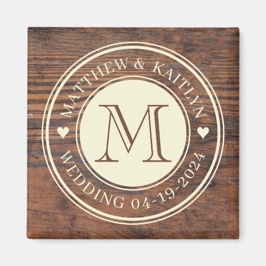Rustieke bruiloft hart Monogram in donkere walnoot Magneet (Voorkant)