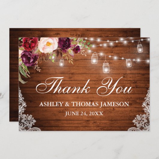 Rustieke Bruiloft Hout Bloemen Lichten Kruiken Kan Bedankkaart (Voorkant / Achterkant)