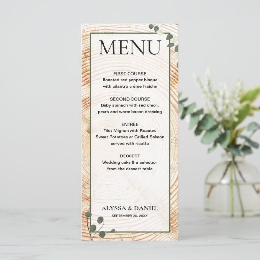Rustieke bruiloft hout boom schors met eucalyptus menu (Staand voorkant)