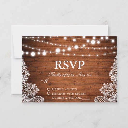 Rustieke Bruiloft Hout String Lights Kant RSVP Kaartje (Voorkant)