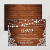 Rustieke Bruiloft Hout String Lights Kant RSVP Kaartje (Voorkant / Achterkant)