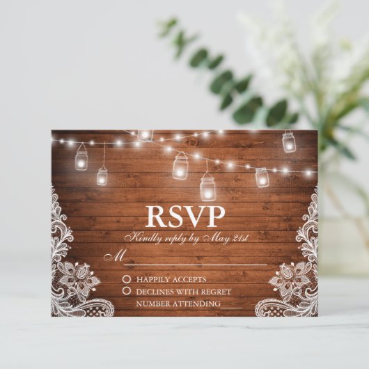 Rustieke Bruiloft Houten Kruik String Lights RSVP (Staand voorkant)