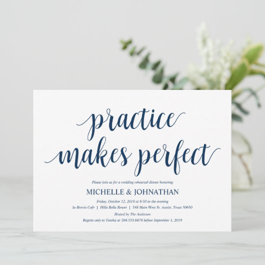 Rustieke bruiloft repetitie diner, marineblauw kaart (Staand voorkant)