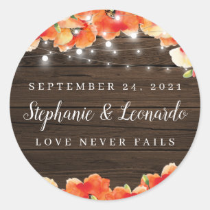 Rustieke Bruiloft String Lights Hout Poppy Ronde Sticker