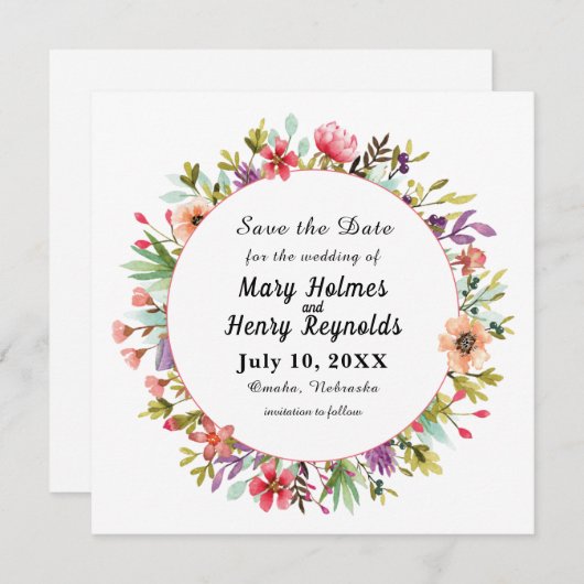 Rustieke bruiloft Waterverf Wildbloemen Save The Date (Voorkant / Achterkant)
