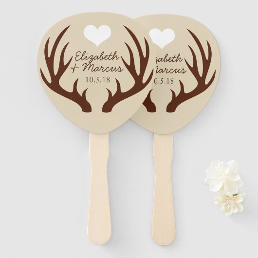 Rustieke Bruine Herten Antlers Couple's Namen Handwaaier (Voorkant en achterkant)