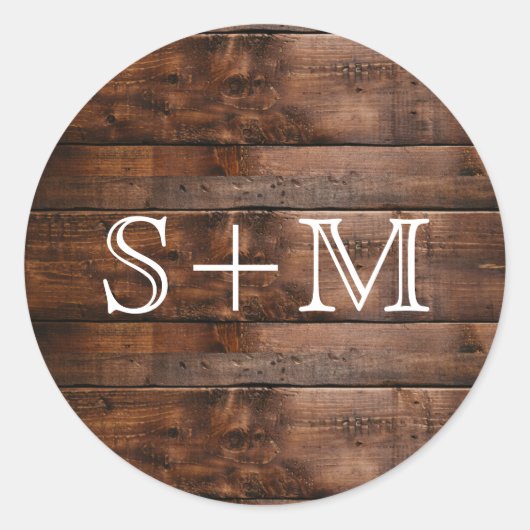Rustieke Bruine Houten Textuur Monogram Initialen Ronde Sticker (Voorkant)