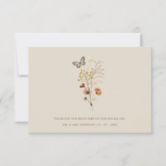 Rustieke Bruine Wildbloemen en Vlinders Bruiloft Bedankkaart (Voorkant)
