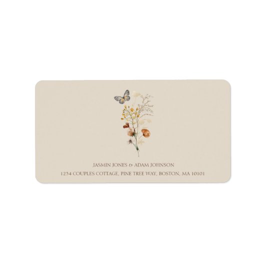 Rustieke Bruine Wildbloemen en Vlinders Bruiloft Etiket (Voorkant)