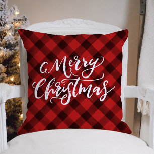 Rustieke Brush Script Vrolijk Kerst Rood Plaid Kussen
