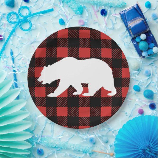Rustieke Buffalo Check Plaid & Wit Beer Silhouet Papieren Bordje (Feest)