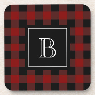 Rustieke Buffalo geruite monogram initiaal rood zw Bier Onderzetter