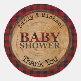 Rustieke Buffalo Plaid Baby shower Gepersonaliseer Ronde Sticker