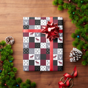 Rustieke Buffalo Plaid Patchwork Rood Wit Kerstmis Cadeaupapier