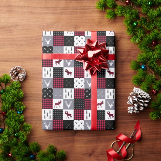 Rustieke Buffalo Plaid Patchwork Rood Wit Kerstmis Cadeaupapier (Feestdagen Geschenken)