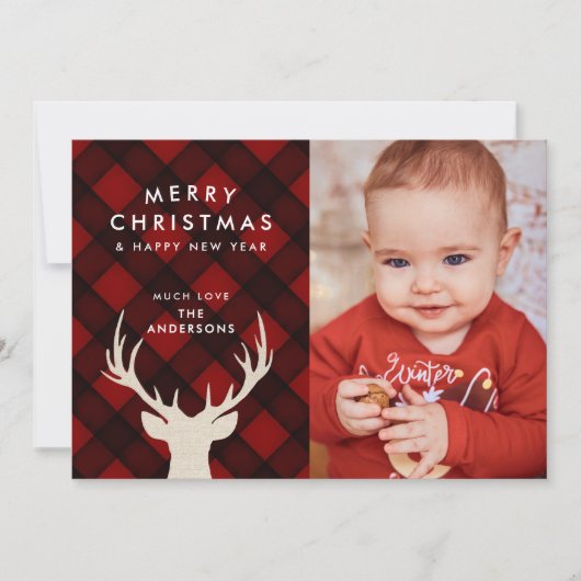 Rustieke Buffalo Plaid & Reindeer Kerstfoto Feestdagenkaart (Voorkant)