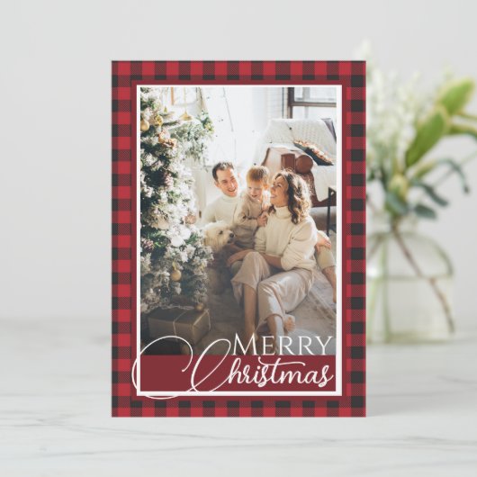 Rustieke Buffalo Plaid Rood en Zwart Foto Kerstmis Feestdagenkaart (Staand voorkant)