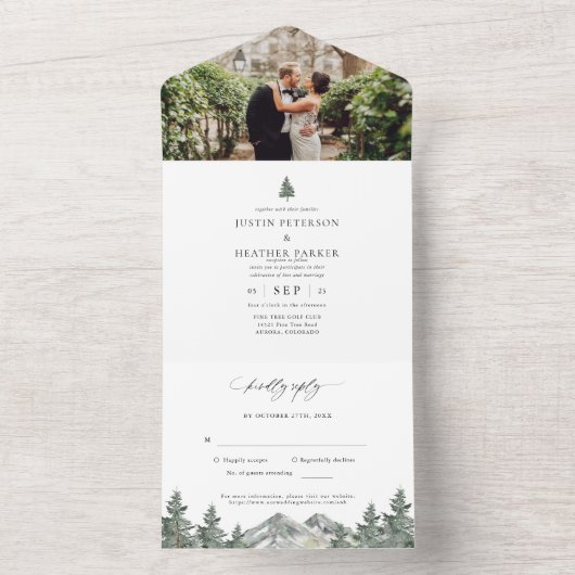 Rustieke Buitenland Berg Bos Bruiloft All In One Uitnodiging (Binnen)