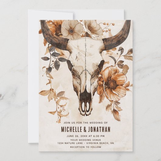 Rustieke Bull Koe schedel Floral Boho Westerne bru Kaart (Voorkant)