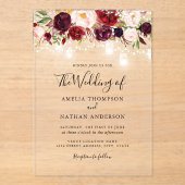 Rustieke Burgundy Bloem Lichtjes Bruiloft Acryl Uitnodigingen