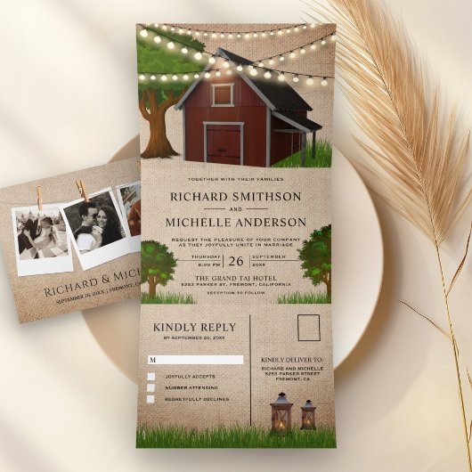 Rustieke Burlap Boerderij Red Barn String Lights W Drieluik Uitnodiging