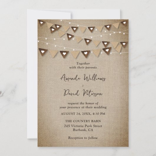 Rustieke Burlap Bunting String Lights Bruiloft Kaart (Voorkant)