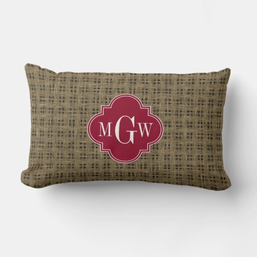 Rustieke Burlap Cranberry Quatrefoil 3 Monogram Kussen (Voorkant)
