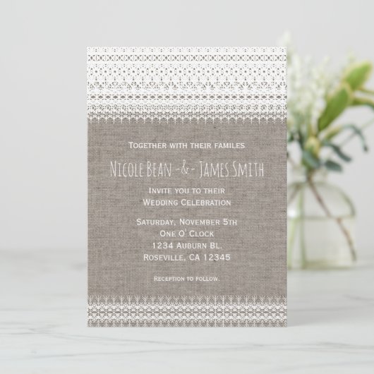 Rustieke Burlap & Elegant Kant Bruiloft Uitnodigin Kaart (Staand voorkant)