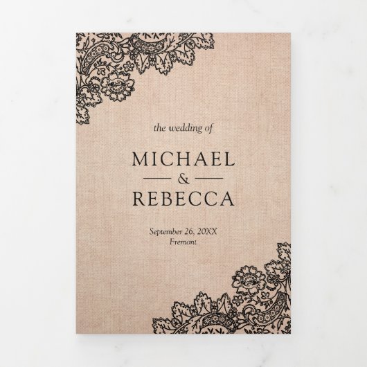 Rustieke Burlap en Black Lace Trouwfoto Drieluik Uitnodiging